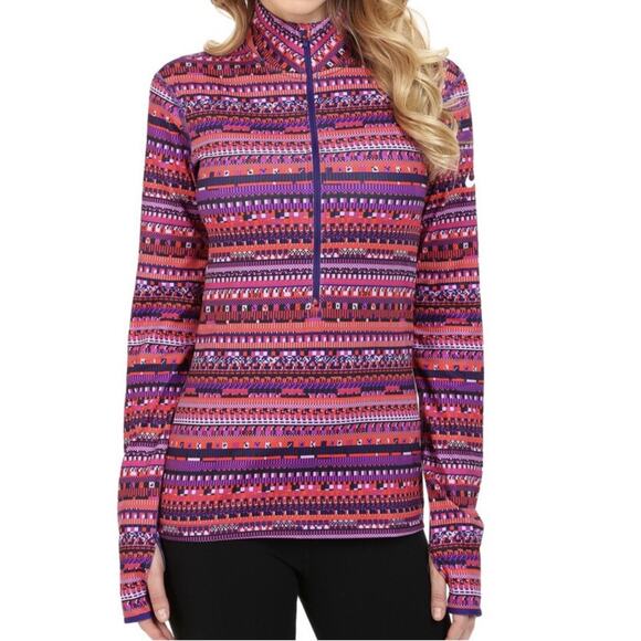 NIKE Womens Pro Pullover S Top Pink Purple DRI-FIT Stretch Geometric Half Zip - Picture 10 of 10